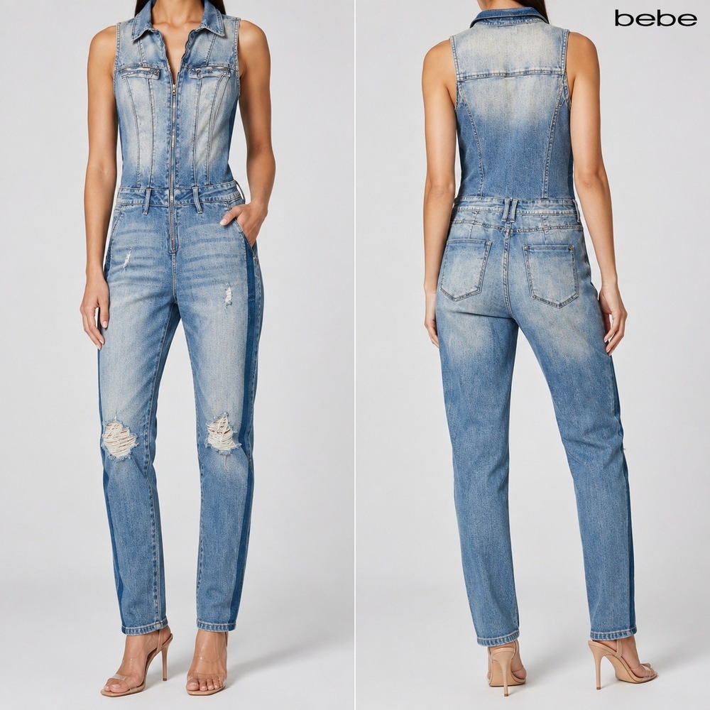bebe Denim Jumpsuit Womensโ 27 Sleeveless Distressed Side Stripe Zip Front Blue